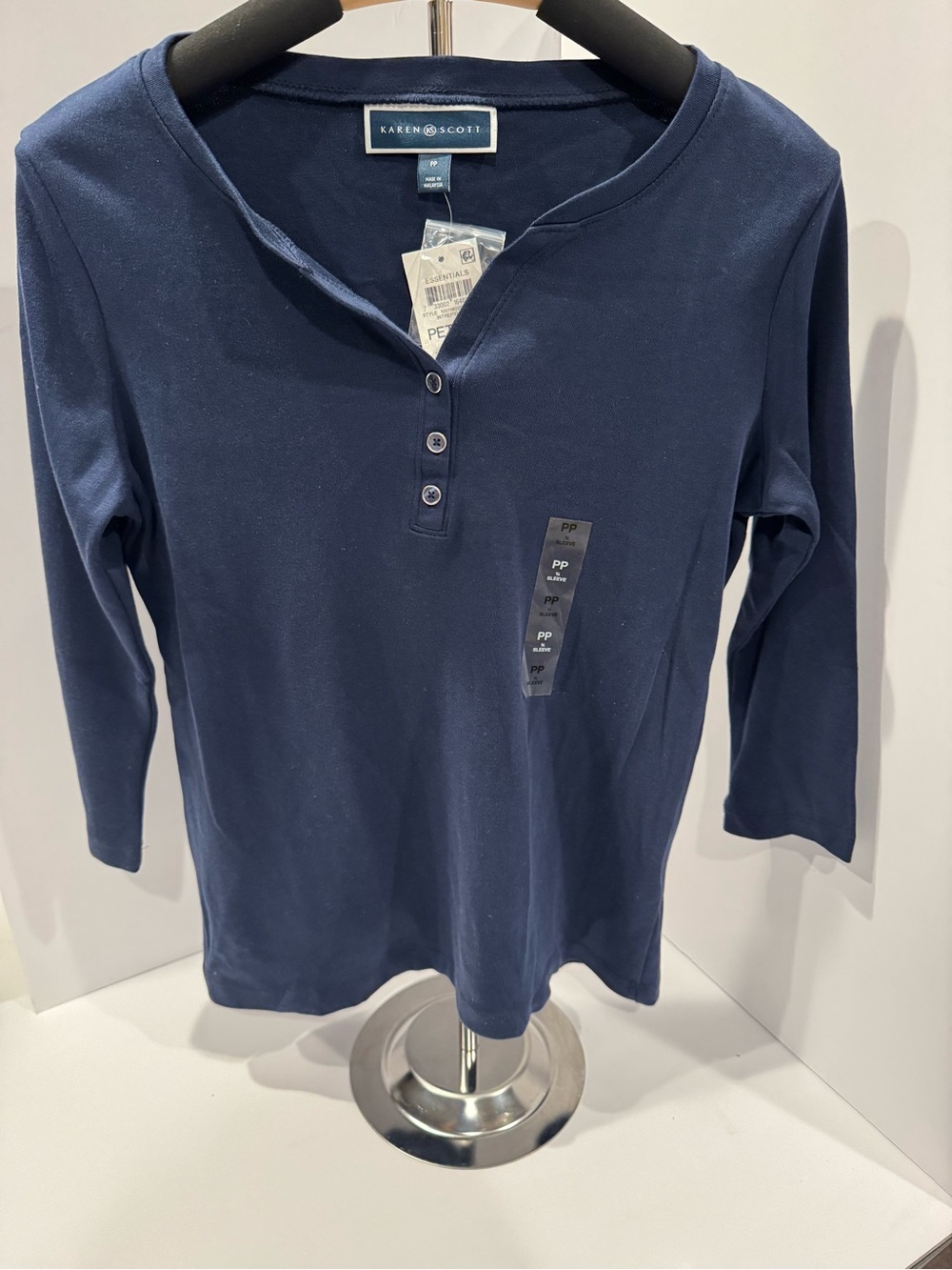 NWT Karen Scott Navy Henley Top | Petite Petite PP | 3/4 Sleeve Essential Shirt